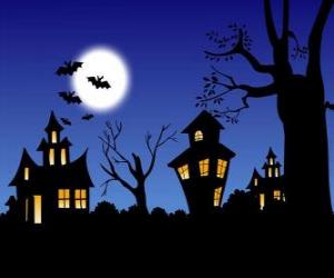 пазл Haunted дома на Хэллоуин - Полная луна, летучие мыши